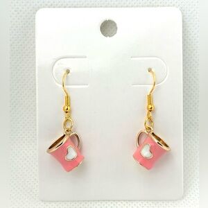 Heart Mug Earrings 3D Pink and Gold Handcrafted Hypoallergenic